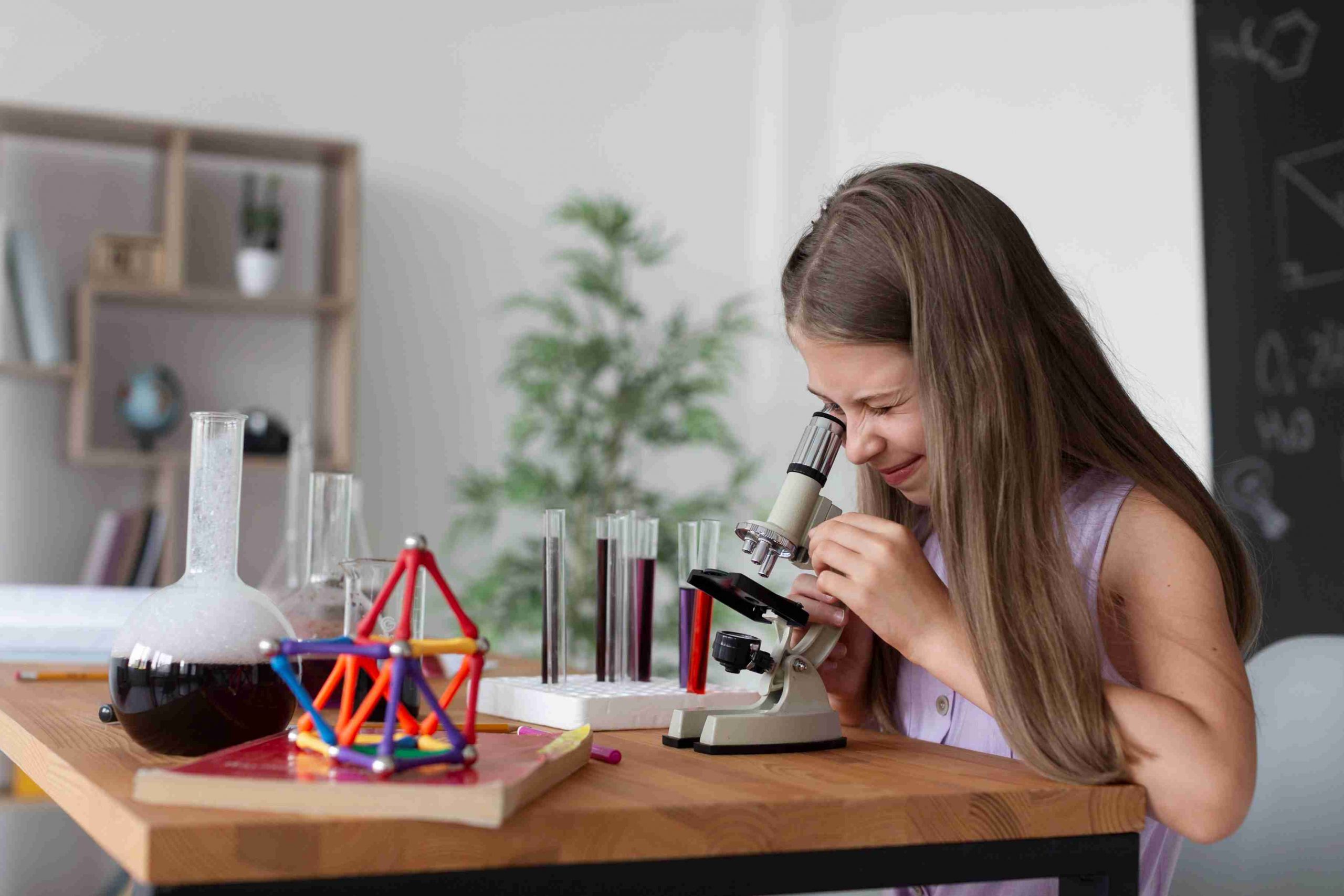 menina usando microscópio e aprendendo sobre nanotecnologia
