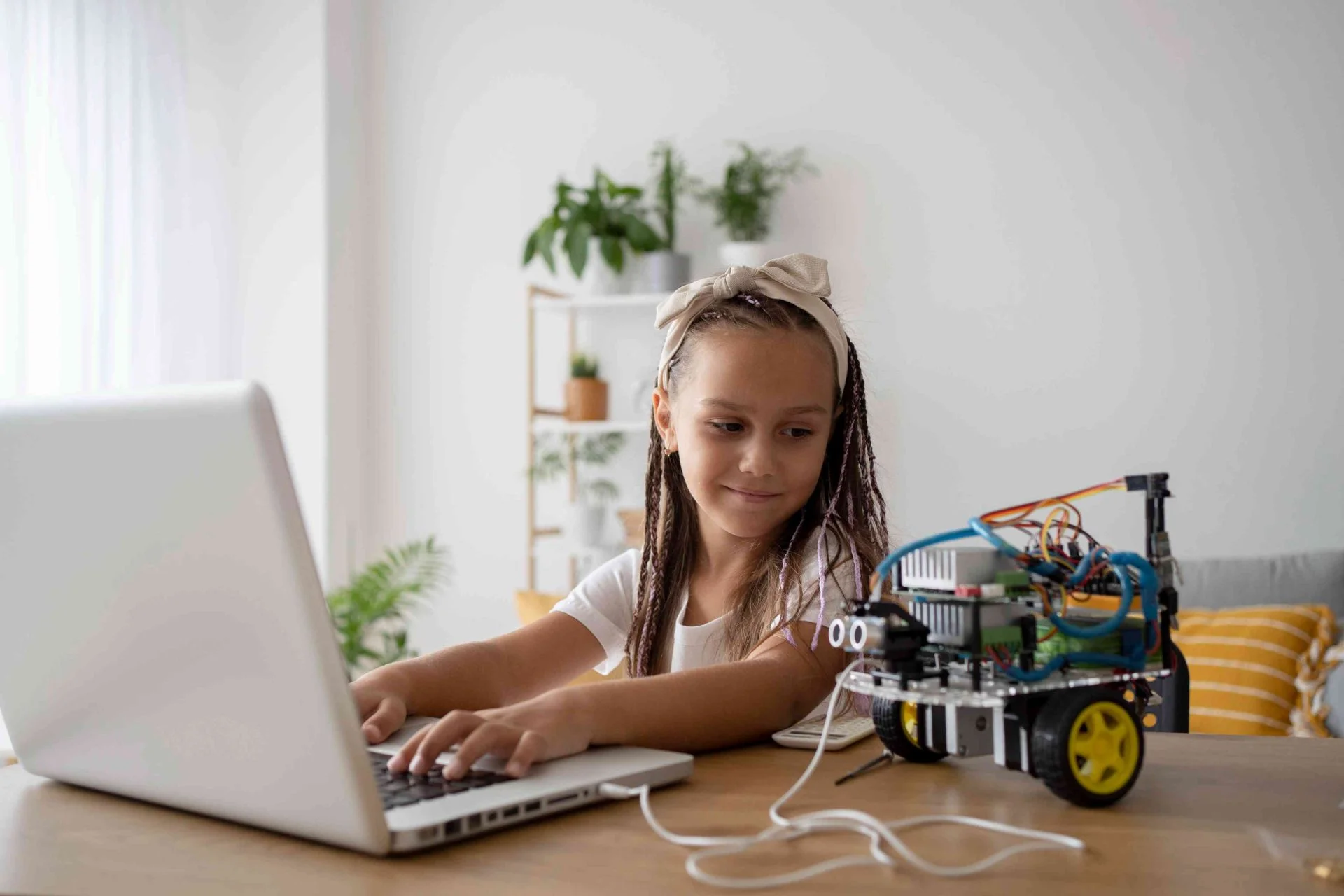 criança estudando aprendizado de máquina com robô